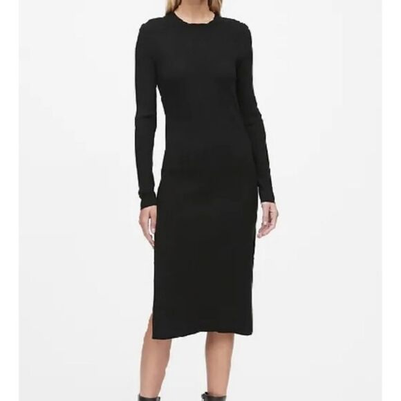 🔹️NWT Banana Republic Black Ribbed Long Sleeve Square Neck Midi Dress Medium - Picture 1 of 9